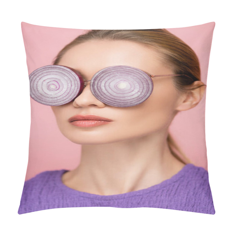 Personality  Close Up View Of Woman With Onion Rings Eyeglasses Isolated On Pink, Surrealism Concept Pillow Covers