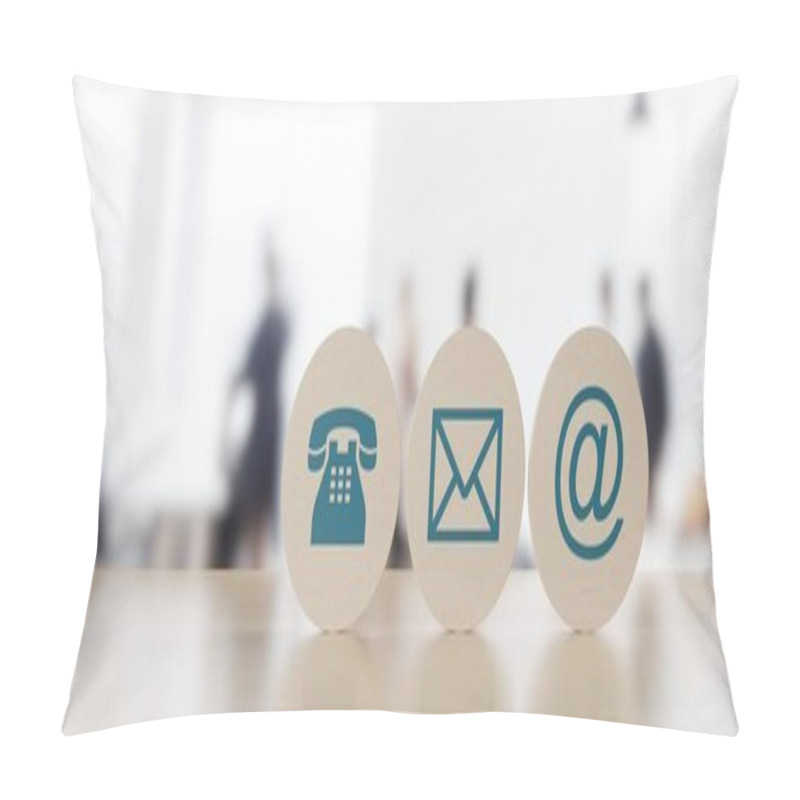 Personality  Wooden Round Telephone, Envelope Letter And E-mail Symbols In A Row On Wooden Table With A Blurred Office In The Background, Contact Us Symbols Or Banner, 3D Illustration Pillow Covers