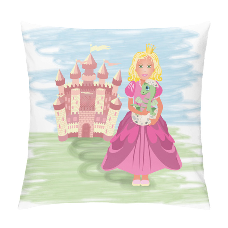 Personality  Cute Princess With Little Dragon, Vector Illustration Pillow Covers