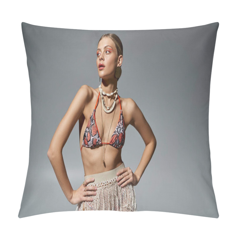 Personality  Stylish Blonde In Chic Bikini Striking A Pose. Pillow Covers