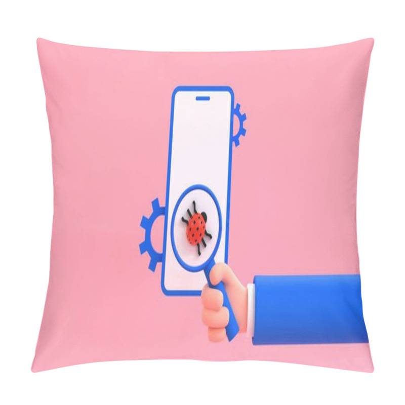 Personality  Smartphone Bug Testing Concept. Cartoon Human Hand Holding Loupe In Front Of Mobile Phone With Bug. 3d Render Illustration. Pillow Covers