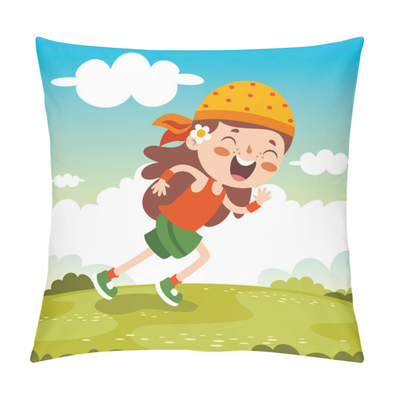 Personality  Cartoon Illustration OF A Little Kid Running Pillow Covers