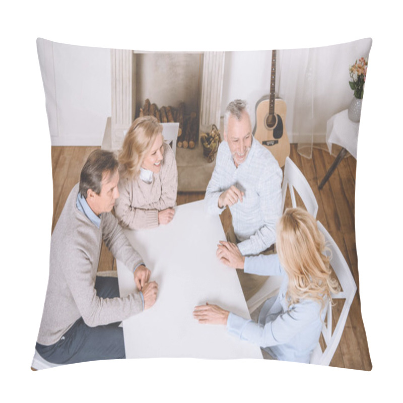 Personality  Overhead View Of Friends Sitting At Table And Speaking At Room Interior  Pillow Covers