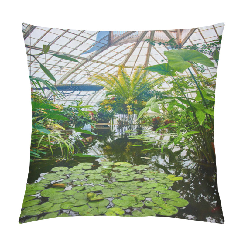 Personality  Image Of Wide View Of Conservatory With Pool Of Water With Lily Pads And Plants Growing Out Of The Pond Pillow Covers