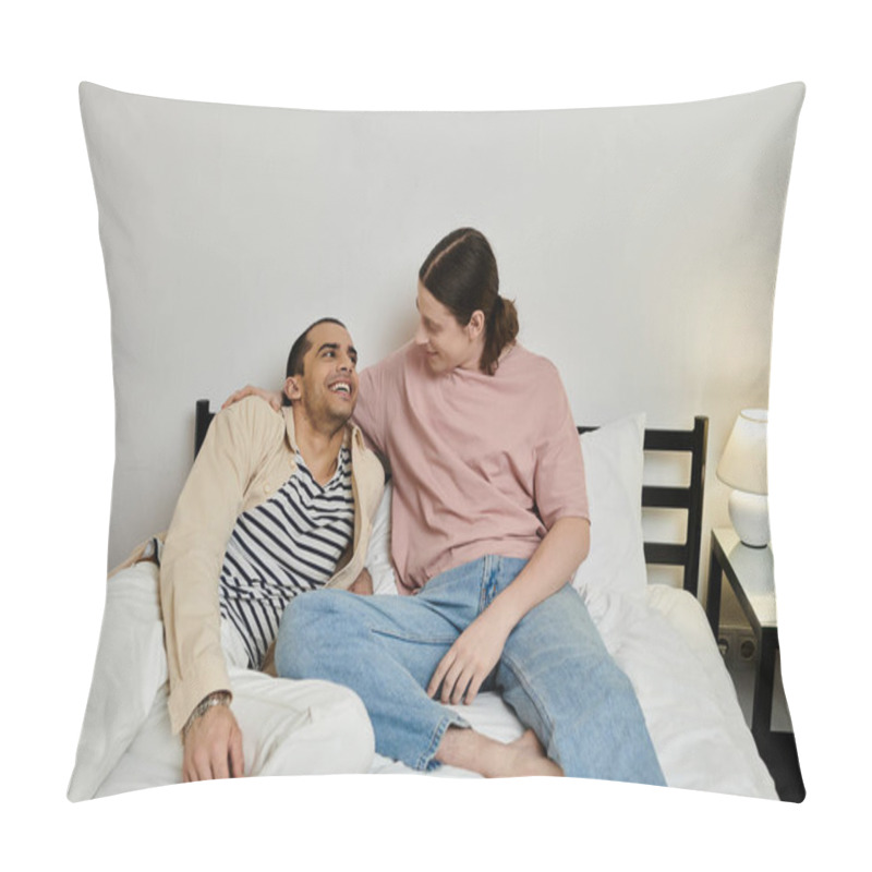 Personality  A Young Gay Couple In Casual Attire Shares A Laugh And A Comfortable Moment Together On A Bed In A Modern Apartment. Pillow Covers