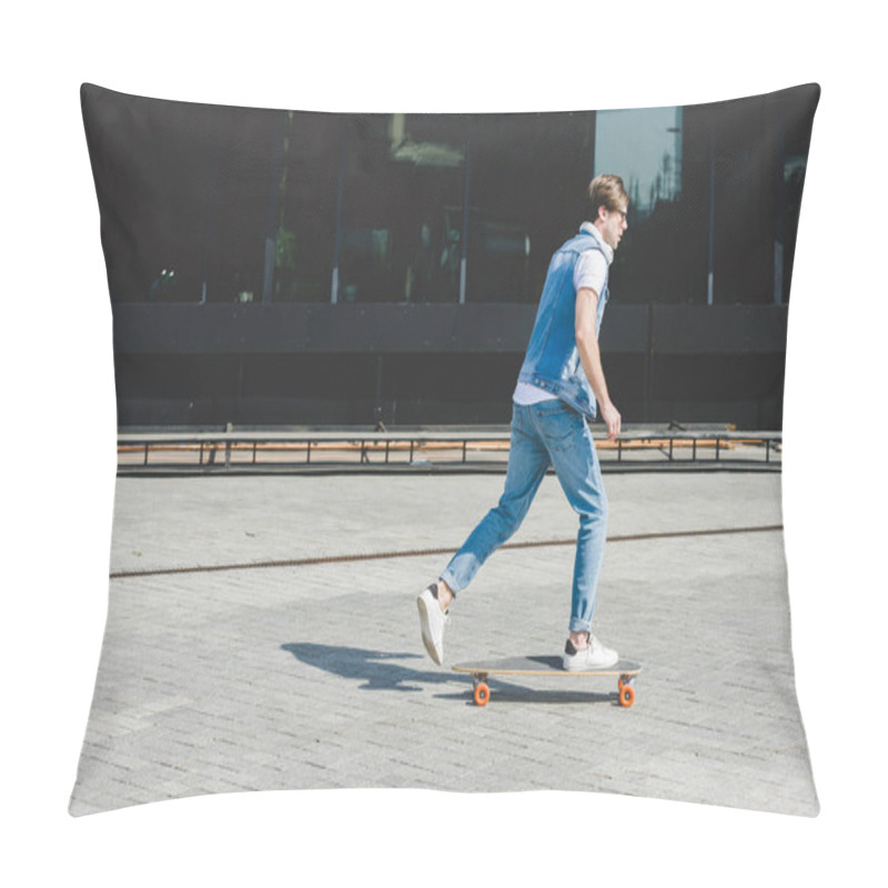 Personality  Side View Of Young Skateboarder Riding Longboard By Street Pillow Covers