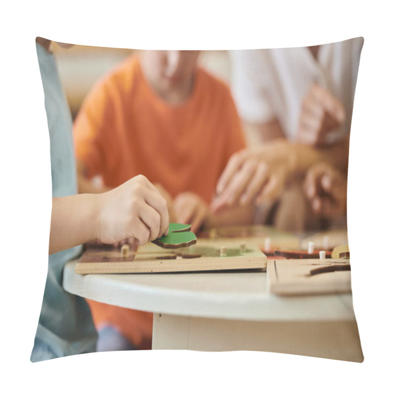 Personality  Cropped View Of Kids Playing With Didactic Materials Near Blurred Teacher In Montessori School Pillow Covers