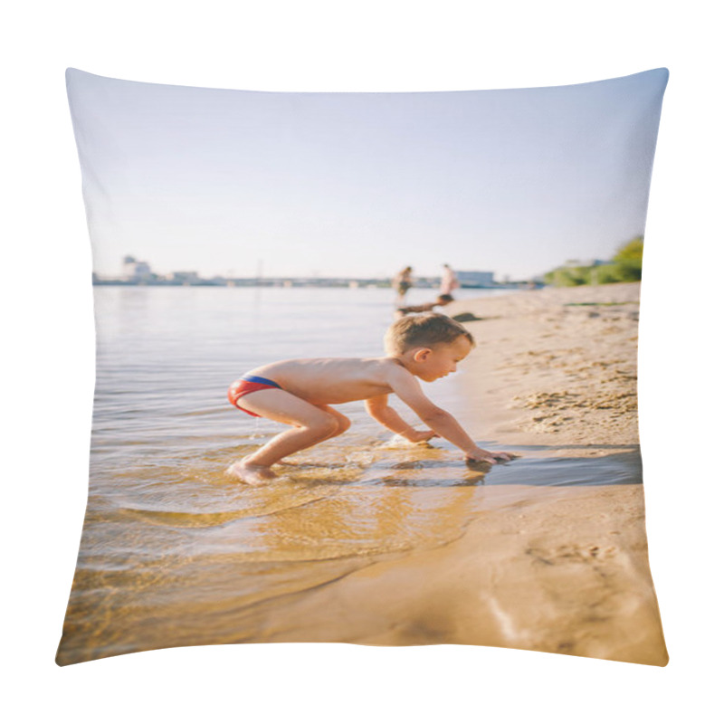 Personality  Theme Is Summer Time And Rest Near The Water. Little Joyful Caucasian Funny Boy Plays And Enjoys In The River. The Child Is Resting And Swimming In The Lake Pond Sandy Beach Pillow Covers