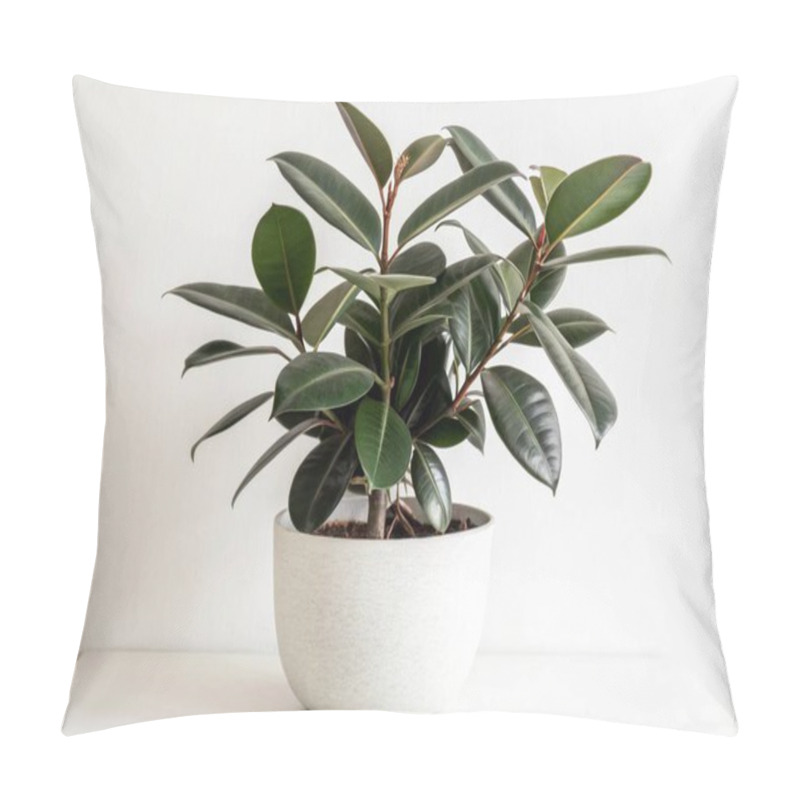 Personality  A Minimalist Yet Regal Display Of A Rubber Plant (Ficus Elastica), Featuring Its Glossy Dark Green Leaves With A Smooth Texture. The Plant Is Arranged In A Matte White Ceramic Planter That Enhances Its Modern And Clean Aesthetic. The White Background Pillow Covers