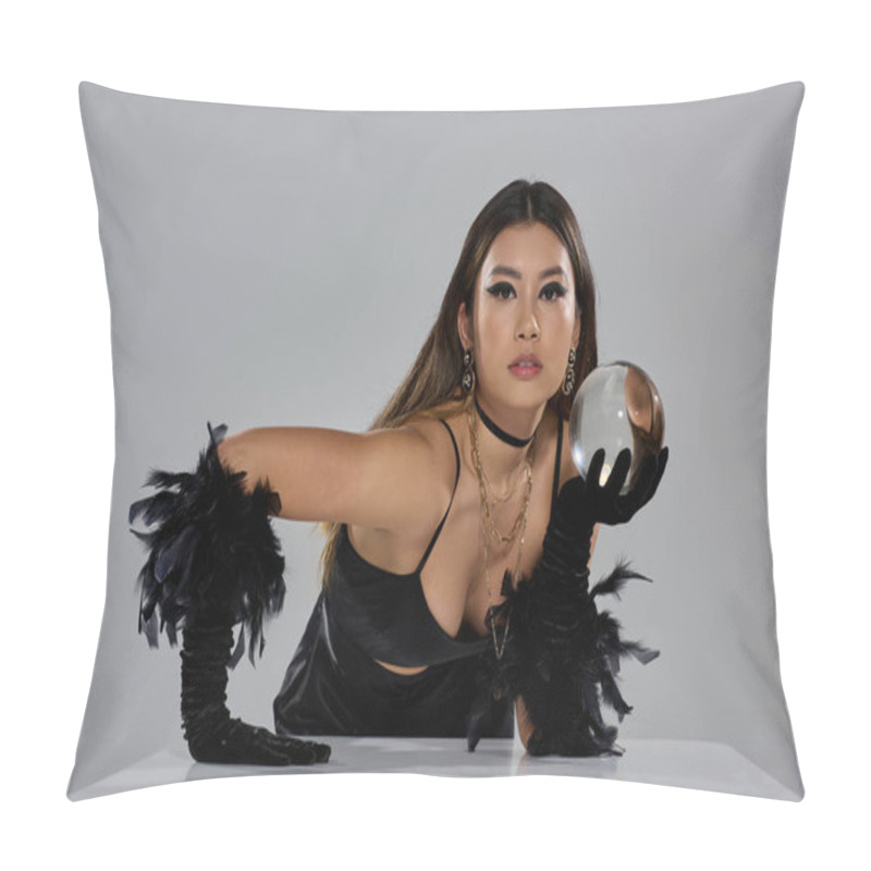 Personality  A Woman In A Black Outfit Gazes Intently Into A Crystal Ball. Pillow Covers