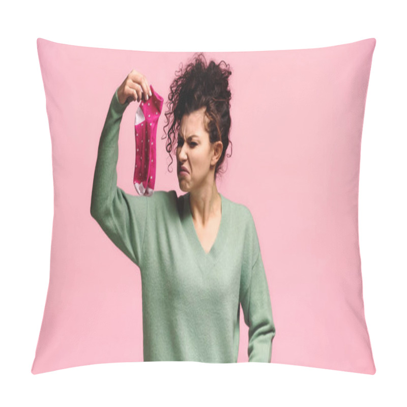 Personality  Woman Feeling Disgusted While Holding Smelly Socks Isolated On Pink Pillow Covers