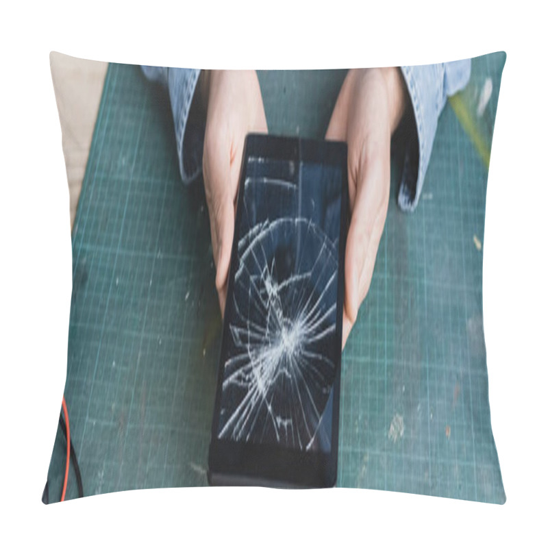 Personality  Cropped View Of Repairman Holding Smashed Digital Tablet At Workplace, Banner Pillow Covers