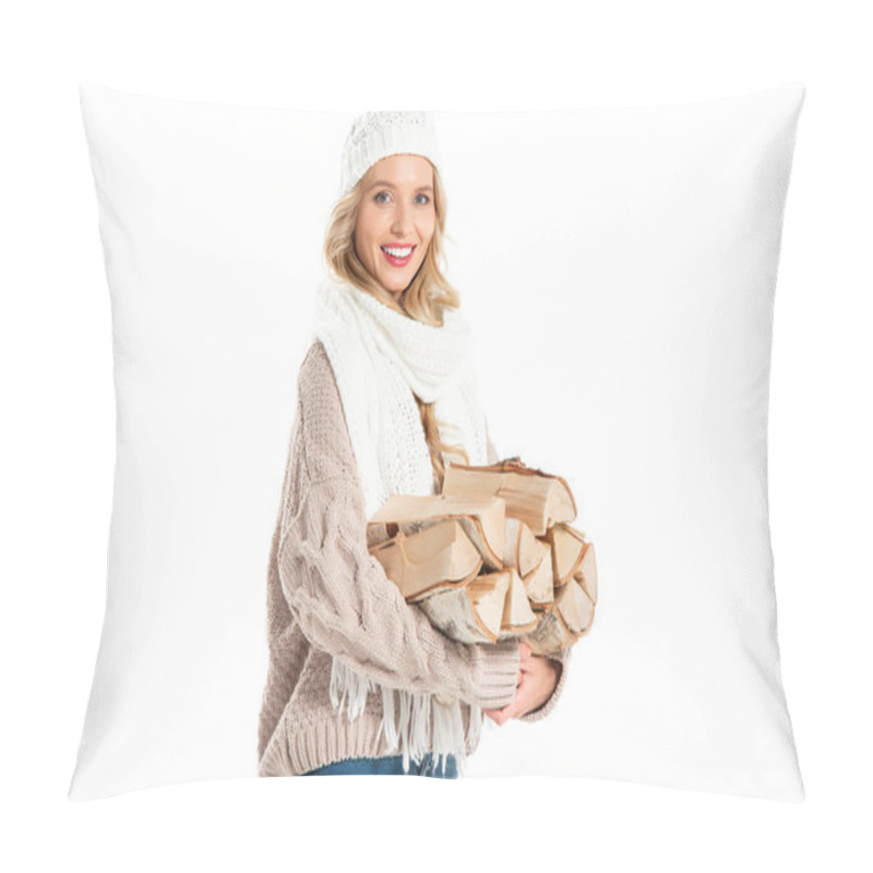 Personality  Happy Young Woman In Winter Hat And Scarf Holding Firewood Isolated On White Pillow Covers