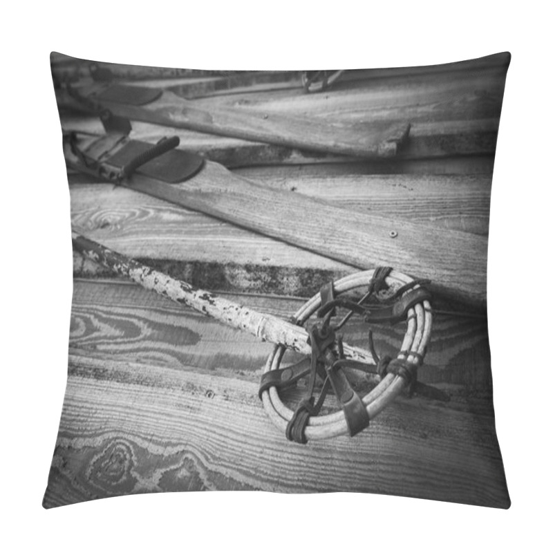 Personality  Detail Of A Pair Of Wooden Skis In Black And White Pillow Covers