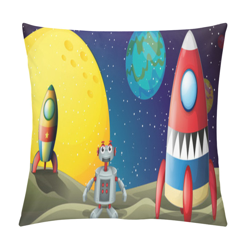 Personality  A Robot Between Two Spaceships At The Outerspace Pillow Covers