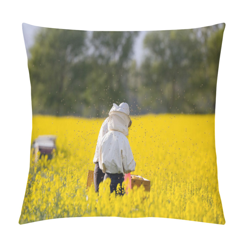 Personality  Apiarists In Rapeseed Field Pillow Covers