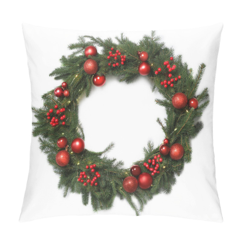 Personality  Beautiful Christmas Wreath With Festive Decor Isolated On White, Top View Pillow Covers