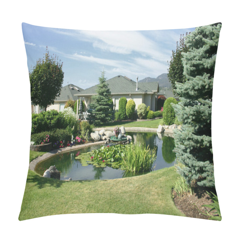 Personality  Beautiful Landscaping With Pond Between Single Family Homes Pillow Covers