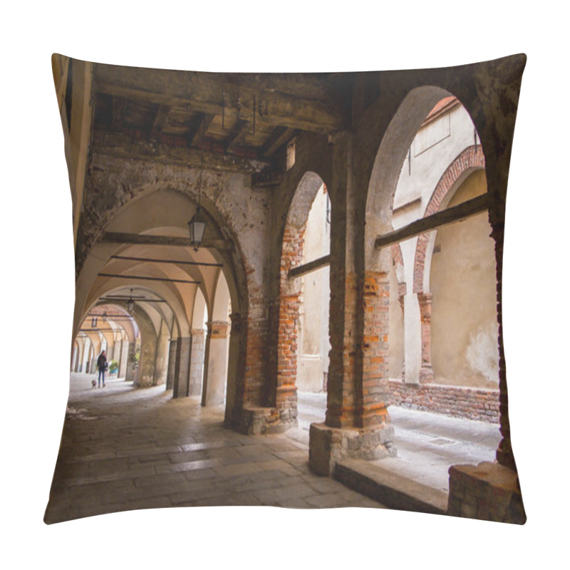 Personality  CANDELO, BIELLA - MARCH 02, 2015: Walking Under The Portici In The Higher Part Of Town, The Piazzo With The Medieval Streets Pillow Covers