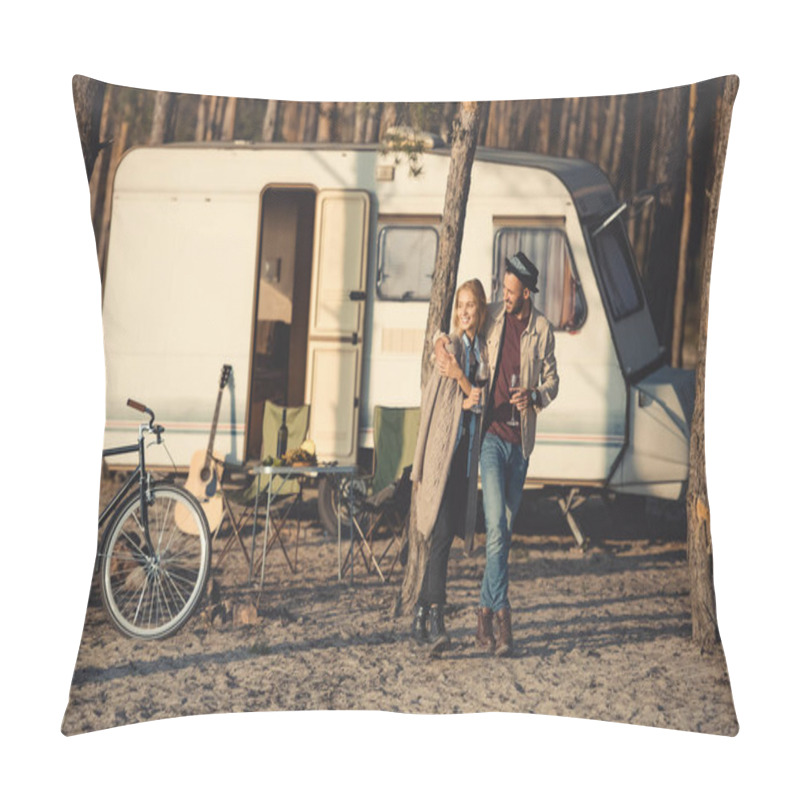 Personality  Happy Couple With Glasses Of Wine Walking Near Trailer In Camp Pillow Covers