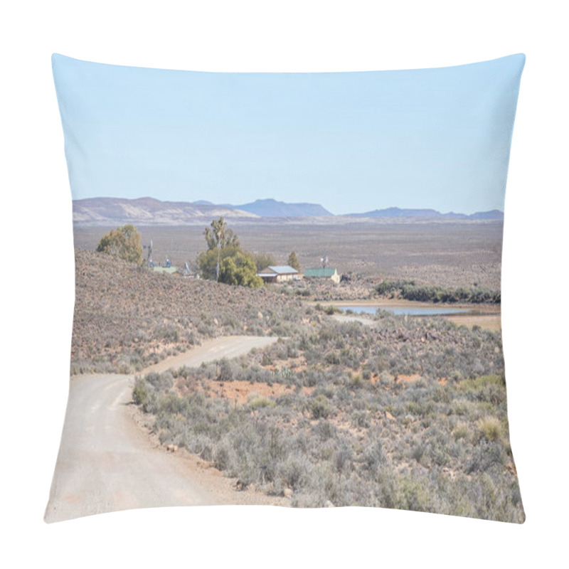 Personality  FRASERBURG, SOUTH AFRICA - SEP 3, 2022: Road Landscape At Eselfontein Guest Farm On The Historic Postal Route Between Fraserburg And Sutherland In The Northern Cape Karoo Pillow Covers