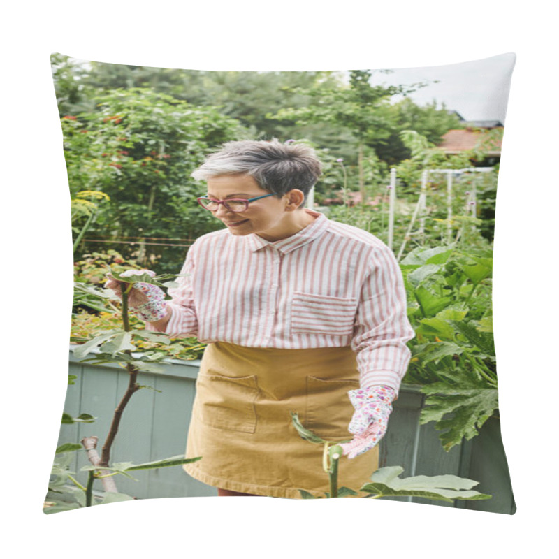 Personality  Attractive Happy Mature Woman With Glasses Working In Her Vivid Green Garden And Smiling Joyfully Pillow Covers