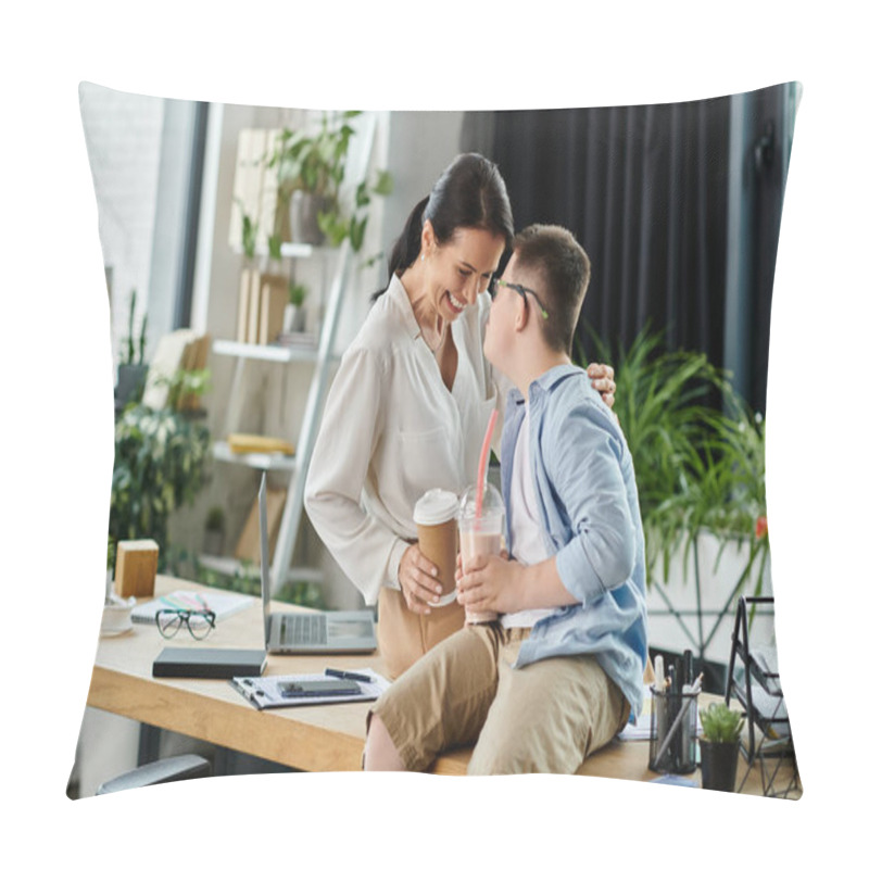 Personality  A Mother Smiles Warmly At Her Son, Who Has Down Syndrome, While She Works In Her Office. Pillow Covers