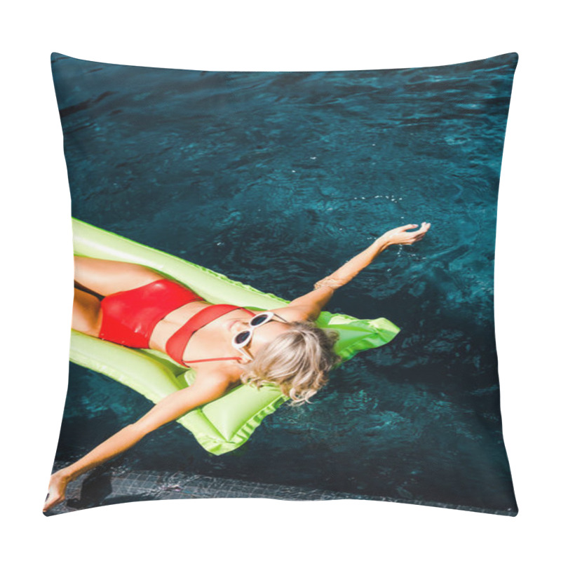 Personality  Top View Of Pin Up Girl In Swimsuit Relaxing On Green Inflatable Mattress In Swimming Pool  Pillow Covers