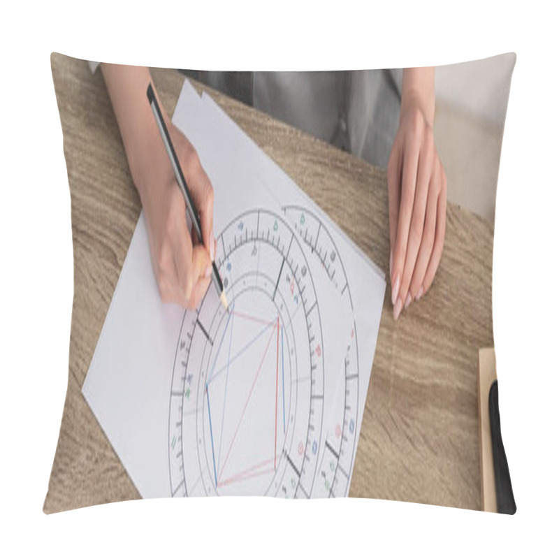 Personality  Cropped View Of Woman Drawing Natal Chart At Table, Panoramic Shot Pillow Covers