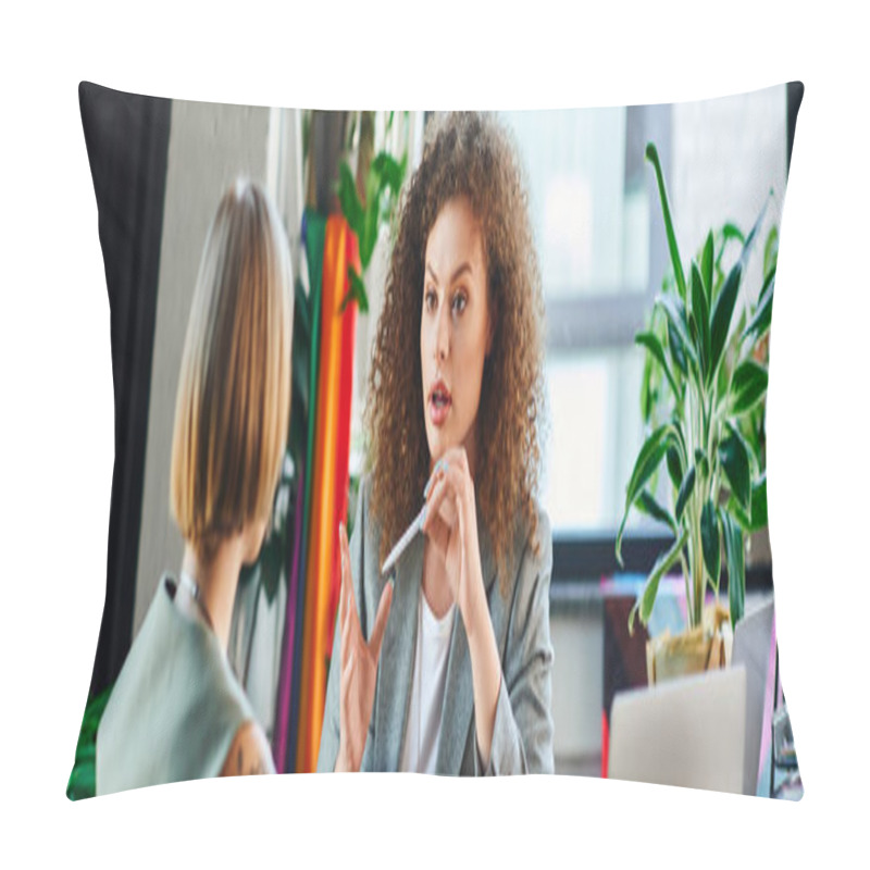 Personality  Two Coworkers Passionately Discuss Ideas And Inclusivity In Their Lively Office Environment. Pillow Covers