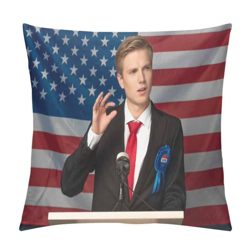 Personality   Emotional Man On Tribune During Speech On American Flag Background Pillow Covers