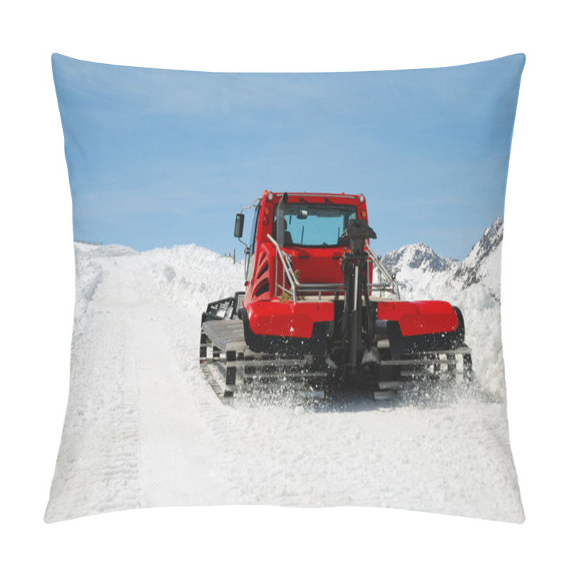 Personality  Red Catterpillar Tractor On Snow Slope Against Blue Sky Pillow Covers