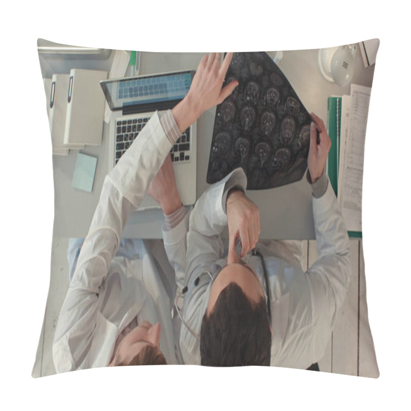 Personality  Two Doctors Men Examine Magnetic Resonance Imaging. Top View Pillow Covers