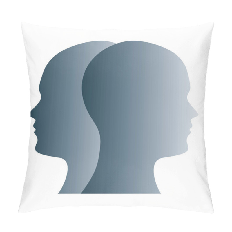 Personality  Janus Face Symbol Made Of Gray Silhouettes Of Two Heads. Two Overlapping Heads As Sign For Duality, Anxiety, Uncertainty And Other Psychological Problems And Questions. Illustration Over White. Vector Pillow Covers