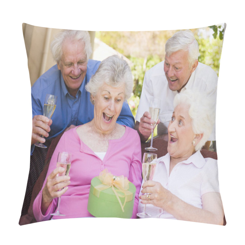 Personality  Two Couples On Patio With Champagne And Gift Smiling Pillow Covers