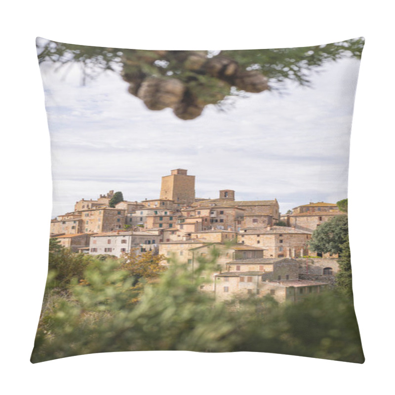 Personality  Postcard View Of Petroio Hilltop Village Through Cypress Tree Branches In Tuscany, Italy. Vertical Orientation Pillow Covers