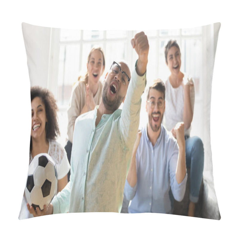 Personality  Euphoric Mixed Race People Watching Sport Championship On Tv. Pillow Covers