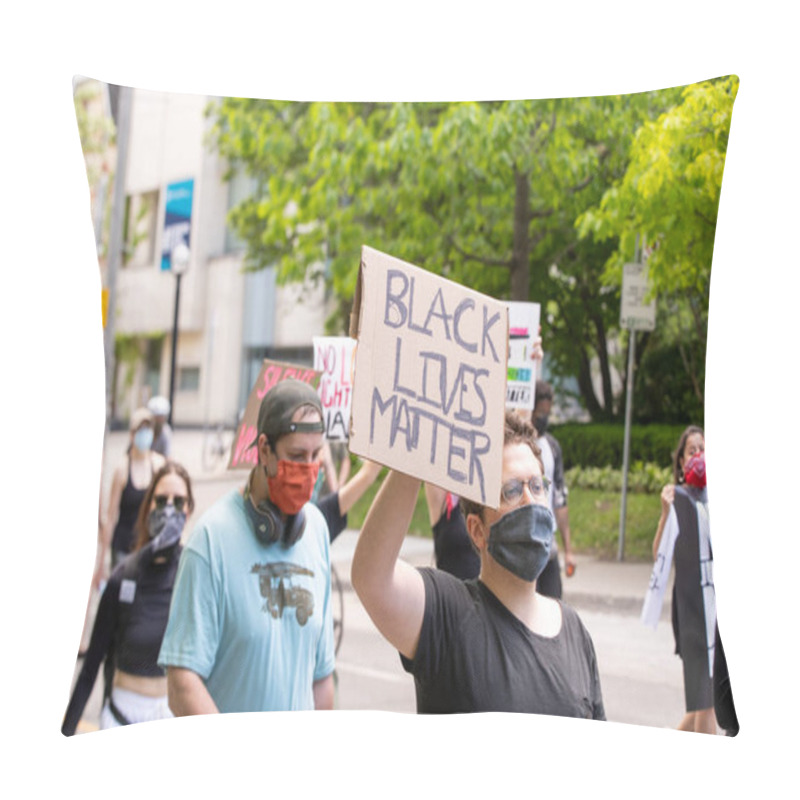 Personality  TORONTO, ONTARIO, CANADA - JUNE 6, 2020: Anti-Racism March, In Solidarity With Black Lives Matter And Against The Death Of George Floyd And Police Injustice. Pillow Covers