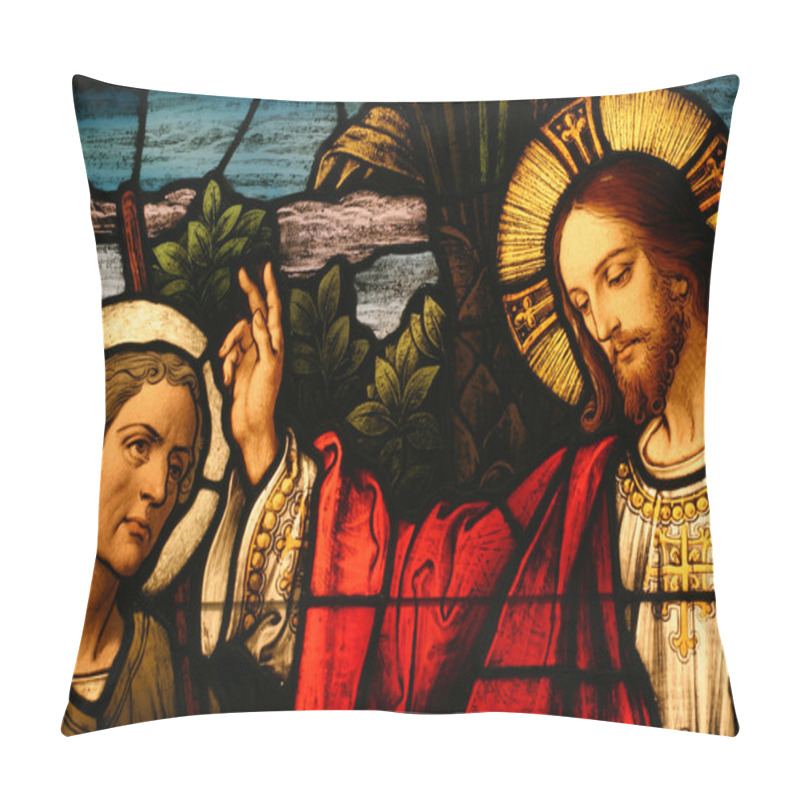 Personality  Stained Glass Showing Jesus Blessing A Man Pillow Covers