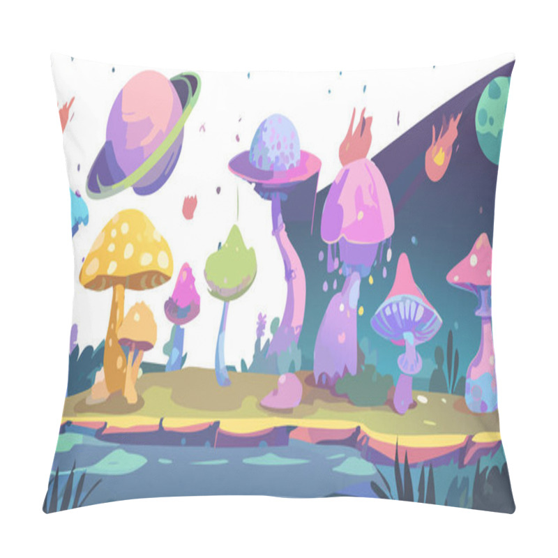 Personality  Fantasy Mushroom Forest Landscape Background. Cartoon Illustration Of Fantasy Mushroom Forest Landscape Background For Web Design Pillow Covers