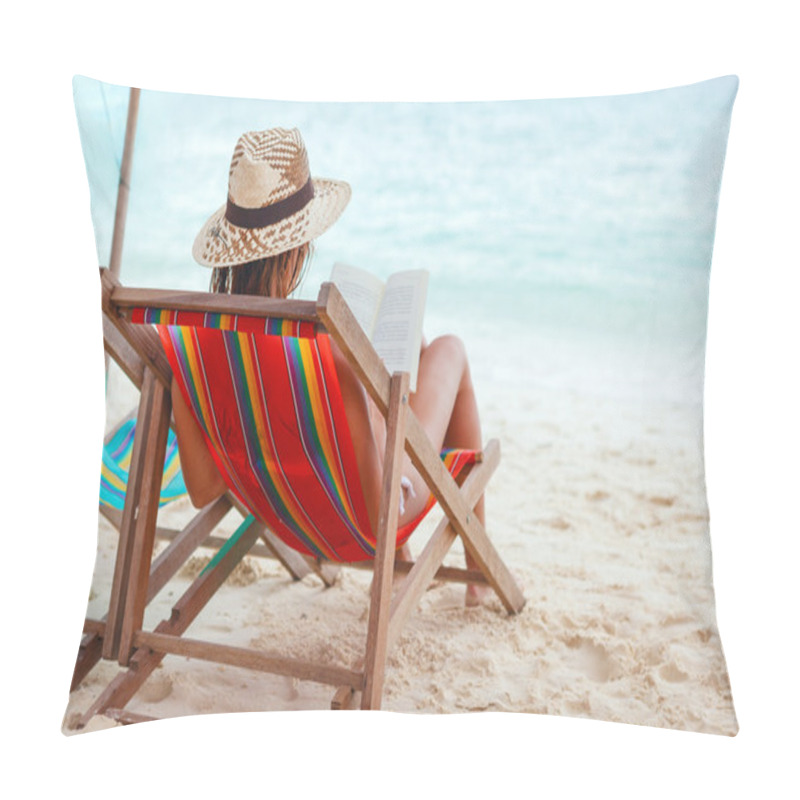 Personality  Young Beautiful Woman Sitting On Beach Reading A Book Pillow Covers