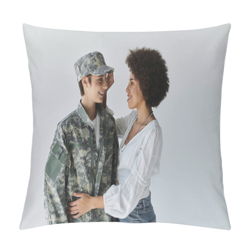 Personality  A Heartfelt Moment As A Soldier In Uniform And Her Wife Share An Intimate Embrace. Pillow Covers