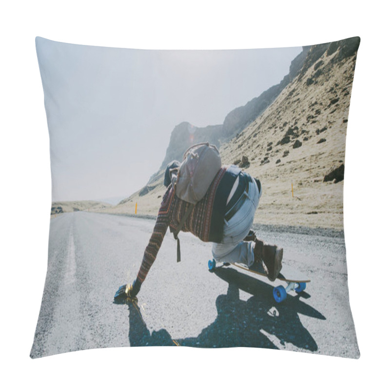 Personality  Skater Traveling Iceland On His Longboard Pillow Covers