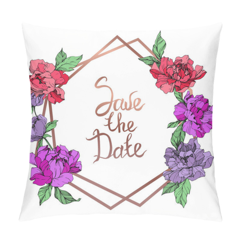 Personality  Vector Living Coral And Purple Isolated Peonies On White Background. Engraved Ink Art. Frame Border Ornament With Save The Date Lettering. Pillow Covers