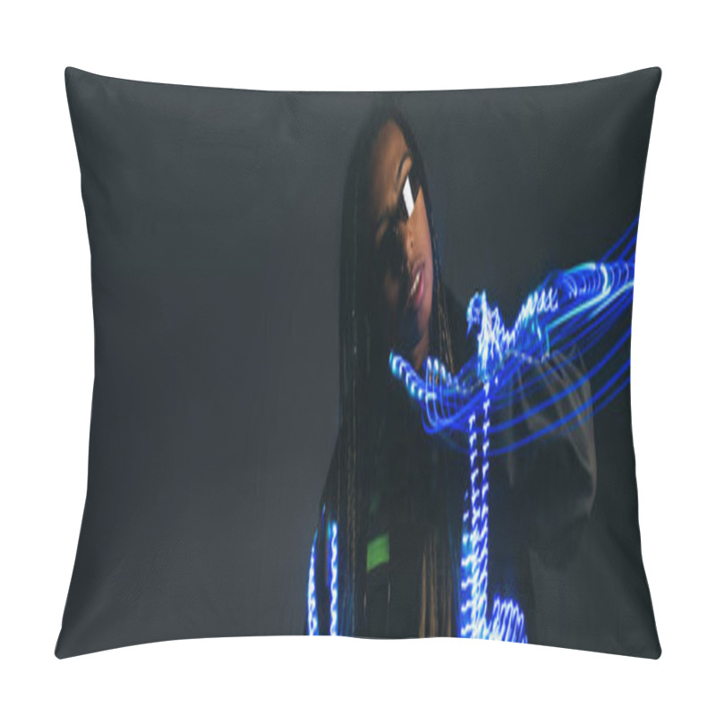 Personality  African American Woman In Smart Glasses Standing Near Neon Lights On Grey Background, Banner  Pillow Covers