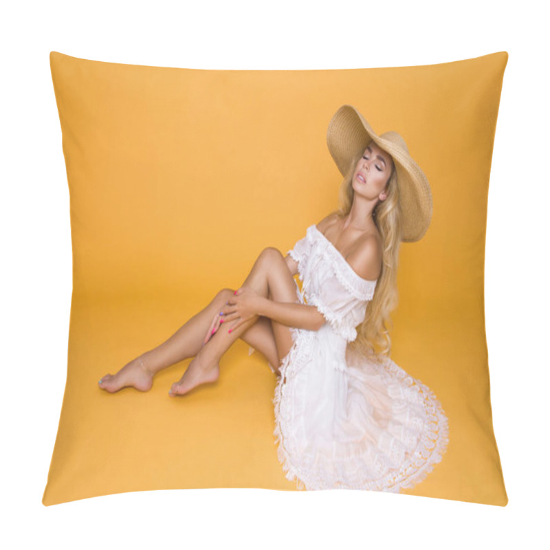 Personality  Beautiful Woman With Long Blond Hair, Wearing A White Dress And Hat. Pillow Covers