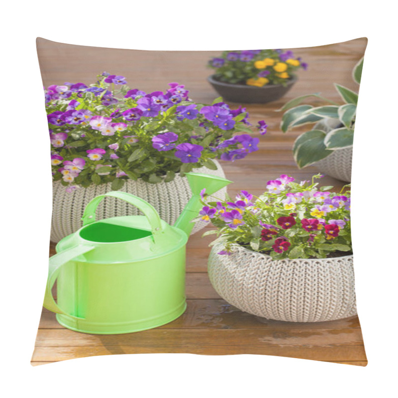 Personality  Beautiful Pansy Summer Flowers In Flowerpots In Garden, Watering Pillow Covers