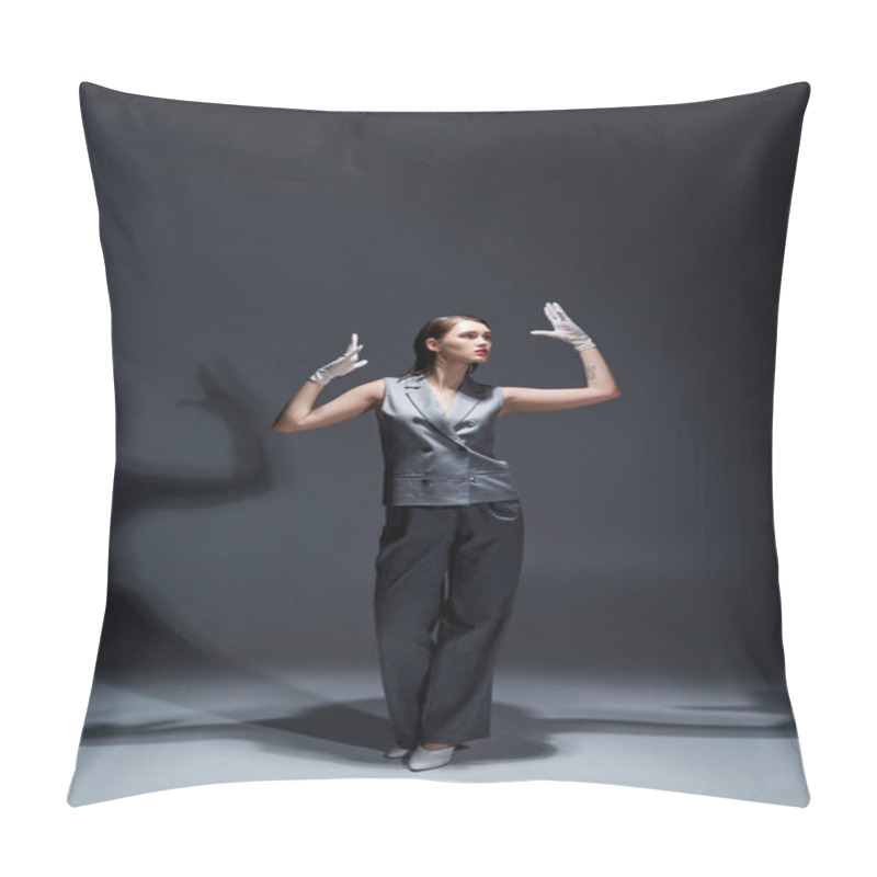 Personality  A Stylish Young Woman Stands Gracefully In The Center Of A Dimly Lit Room, Exuding An Aura Of Mystery And Sophistication. Pillow Covers