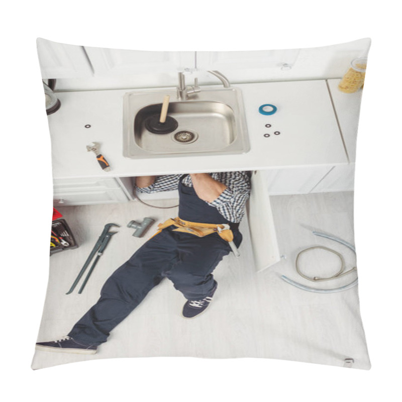 Personality  Top View Of Plumber In Workwear Fixing Kitchen Sink Near Tools On Floor  Pillow Covers