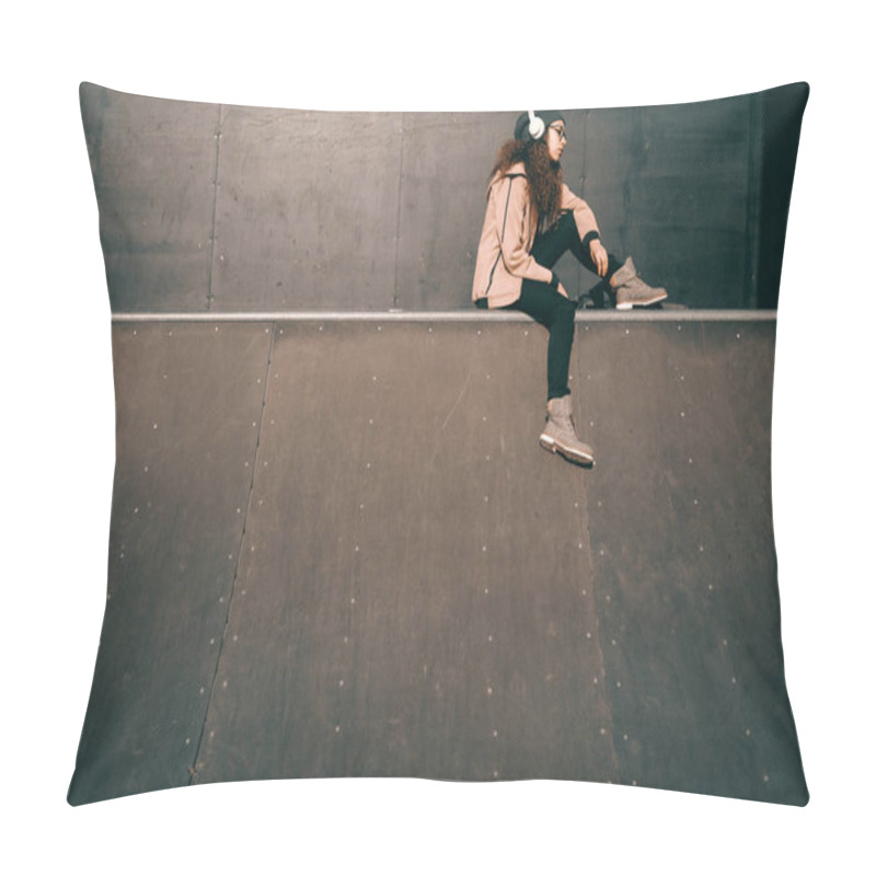 Personality  Mixed Race Hipster Teenage Girl With Serious Facial Expression Enjoying Music And Sitting In Skate Park. Pillow Covers